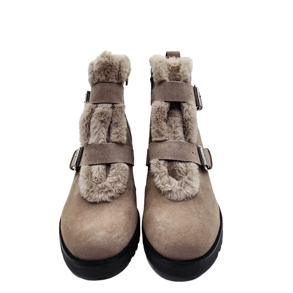 Violet & Red Women's Hailey Lug Sole Suede Bootie Taupe- 10